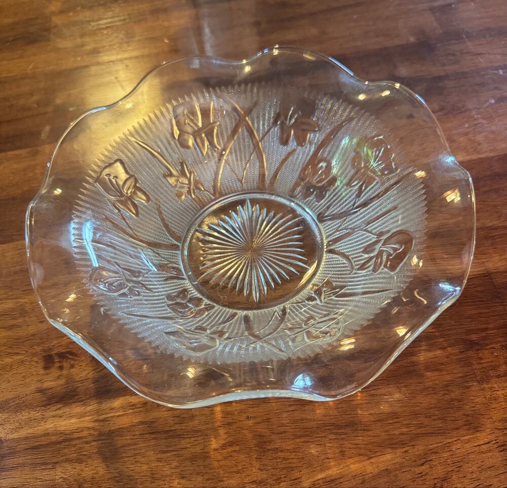 Iris and Herringbone Jeanette Clear Depression Glass Serving Bowl 9.5"